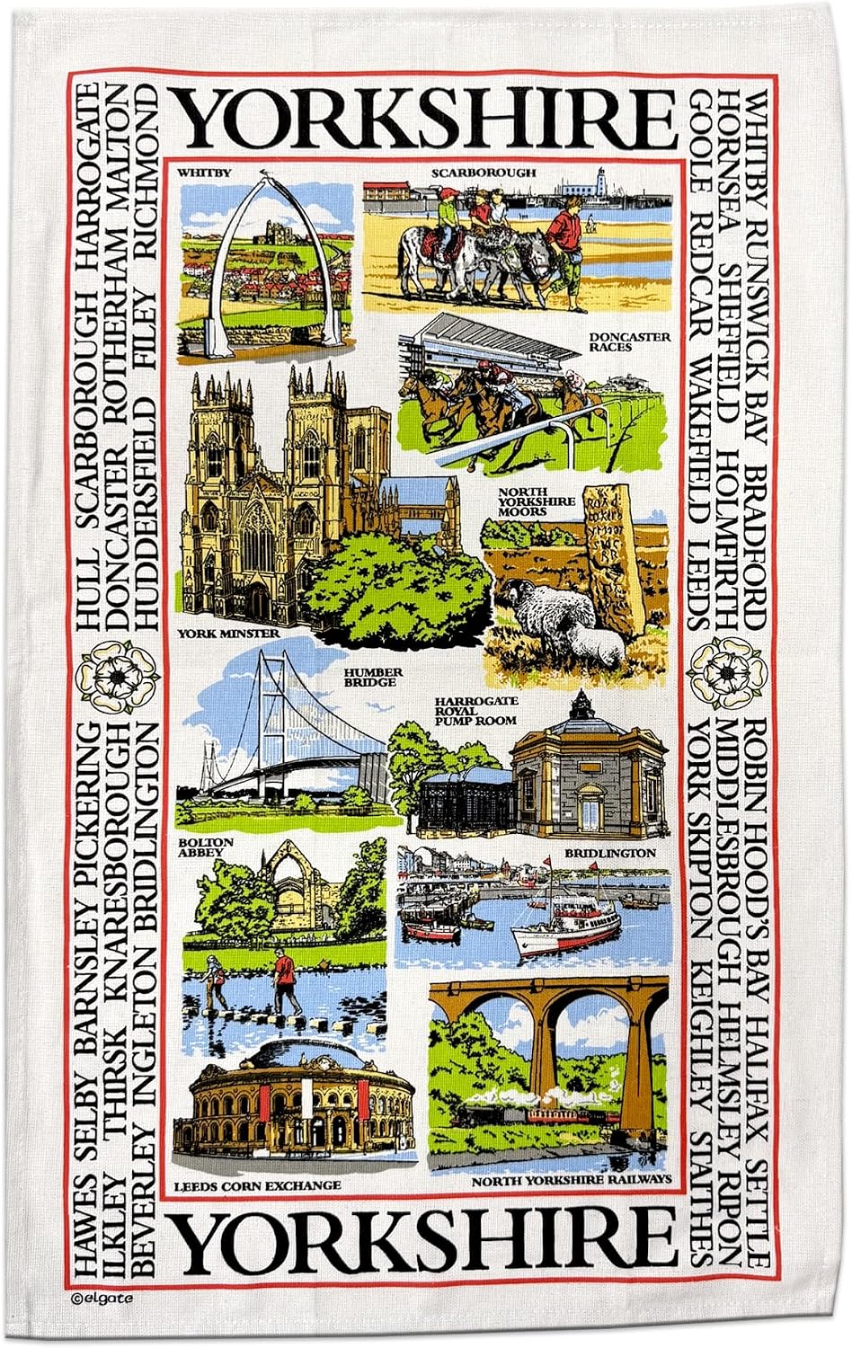 Yorkshire Sights Souvenir Tea Towel Gift Scenes Landmarks Collage Montage White