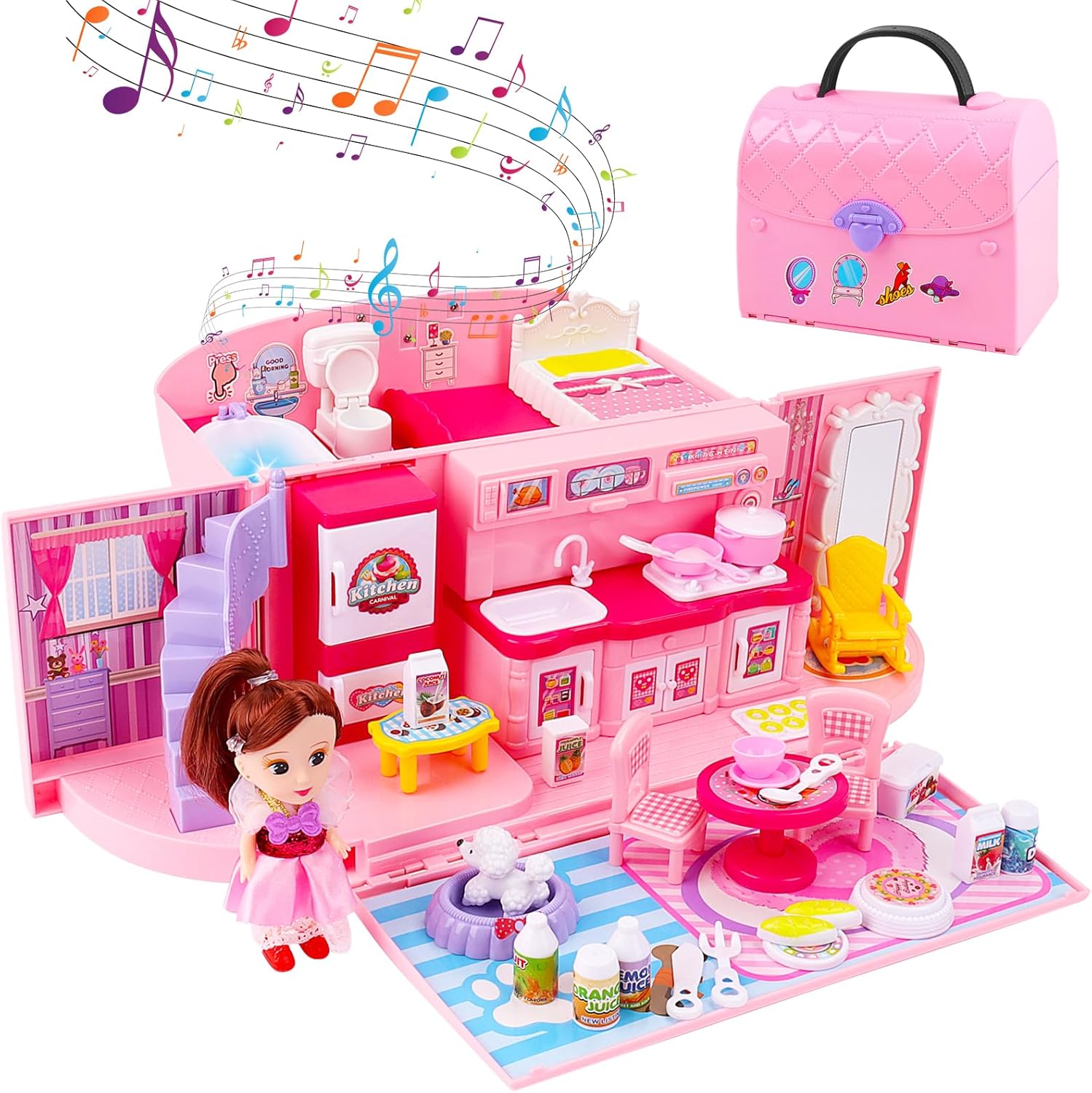 deAO Children’s 2-In-1 Pink Portable Doll House Play Set with Light and Music Functions, Accessories, Carry Case – Great Gift for Kids