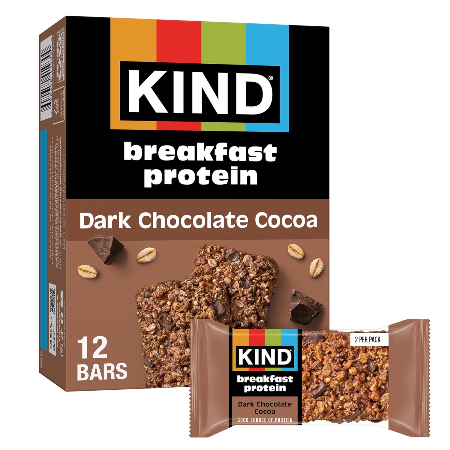 KIND Breakfast Protein Bars, Dark Chocolate Cocoa, Gluten Free, Low Sodium, Healthy Snacks, 8g Protein, 6 Count (6 Packs of 2 Bars) | Perfect for busy mornings: a gluten-free healthy snack with whole grain oats for on-the-go energy. Includes 6, 2-bar packs.