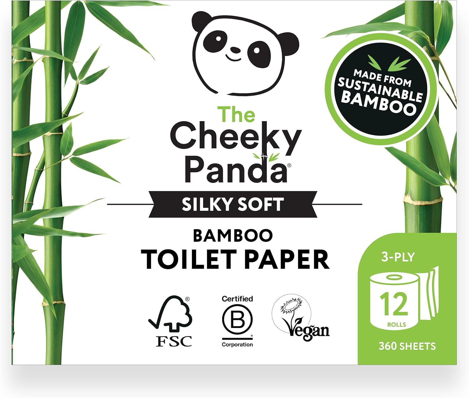 The Cheeky Panda Bamboo Toilet Paper Bulk | 12 Family Sized Rolls with 360 Soft Sheets Each (4320 Sheets) | Super Strong 3 Ply Biodegradable Toilet Paper