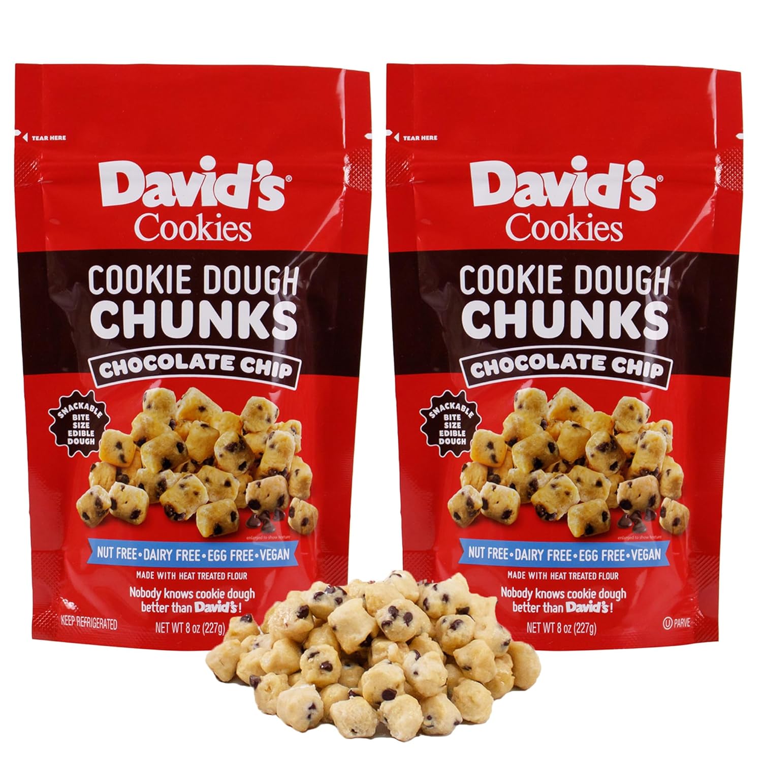 David’s Cookies Chocolate Chip Edible Cookie Dough Chunks – 2 Bags (8oz Each) – Vegan, Nut-Free, Dairy-Free, Egg-Free – Classic Chocolate Chip Cookie Dough Bites – w/Heat-Treated Flour, Go-to-Snack