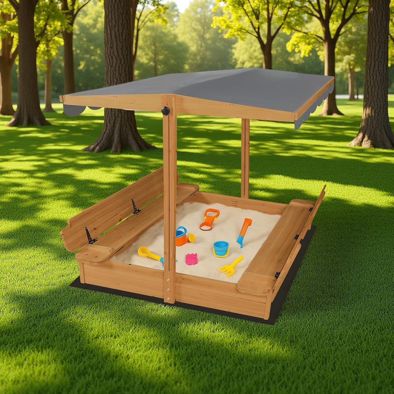 Large Wooden Sandbox Outdoor Sand Pit with Lid Cover Foldable Bench Seat Bottom Liner Sand Box for Garden Patio Beach Backyard Play Aged 3-12 Years Old 48x48 inch (Brown)