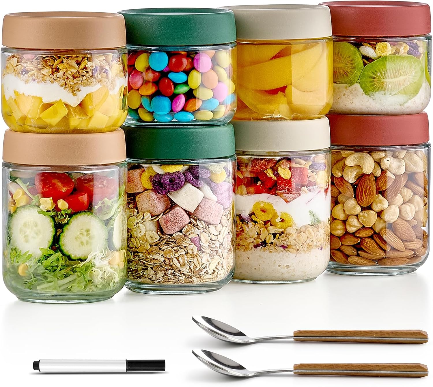 8 Pack Overnight Oats Containers with Lids, Large & Small Glass Mason Jars 16oz & 10 oz, Breakfast Oatmeal Container to Go, Salad Meal Prep Jars for Food Storage, Mush Chia Seed Pudding Jars