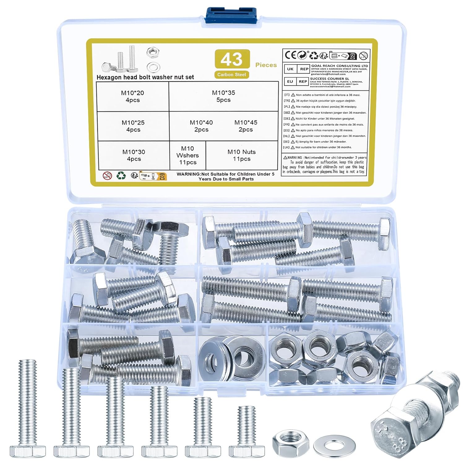 43 Pcs M10 Nuts and Bolts Set, M10 Hex Bolts and Nuts Set, Assorted Machine Screws and Washers Assortment Kit for Home or Repair