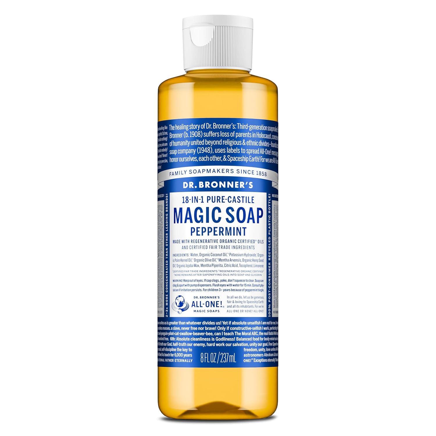 Dr. Bronner's Pure-Castile Magic Liquid Soap (Peppermint, 8 Ounce)- Made with Organic Oils, 18-in1 Uses: Face, Hair, Hand & Body Soap, Laundry, Pets- Concentrated, Vegan, Non-GMO