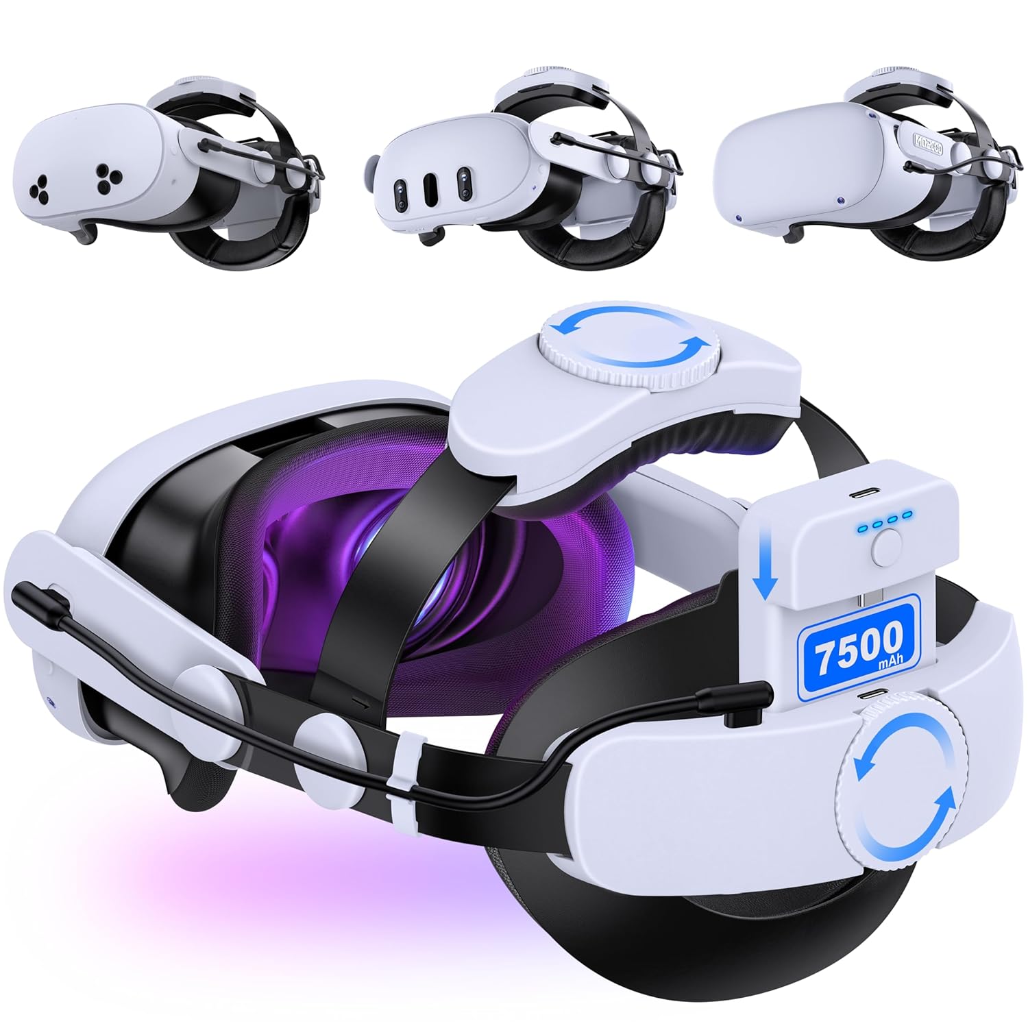 Kawaye for Meta Quest 3S/3/2 Head Strap with 7500mAh Hot-Swap Battery for 3-4H Playtime,Double Knobs Adjustable VR Headset Strap with Large Support Pad Enhanced Support, Reduce Pressure for Games