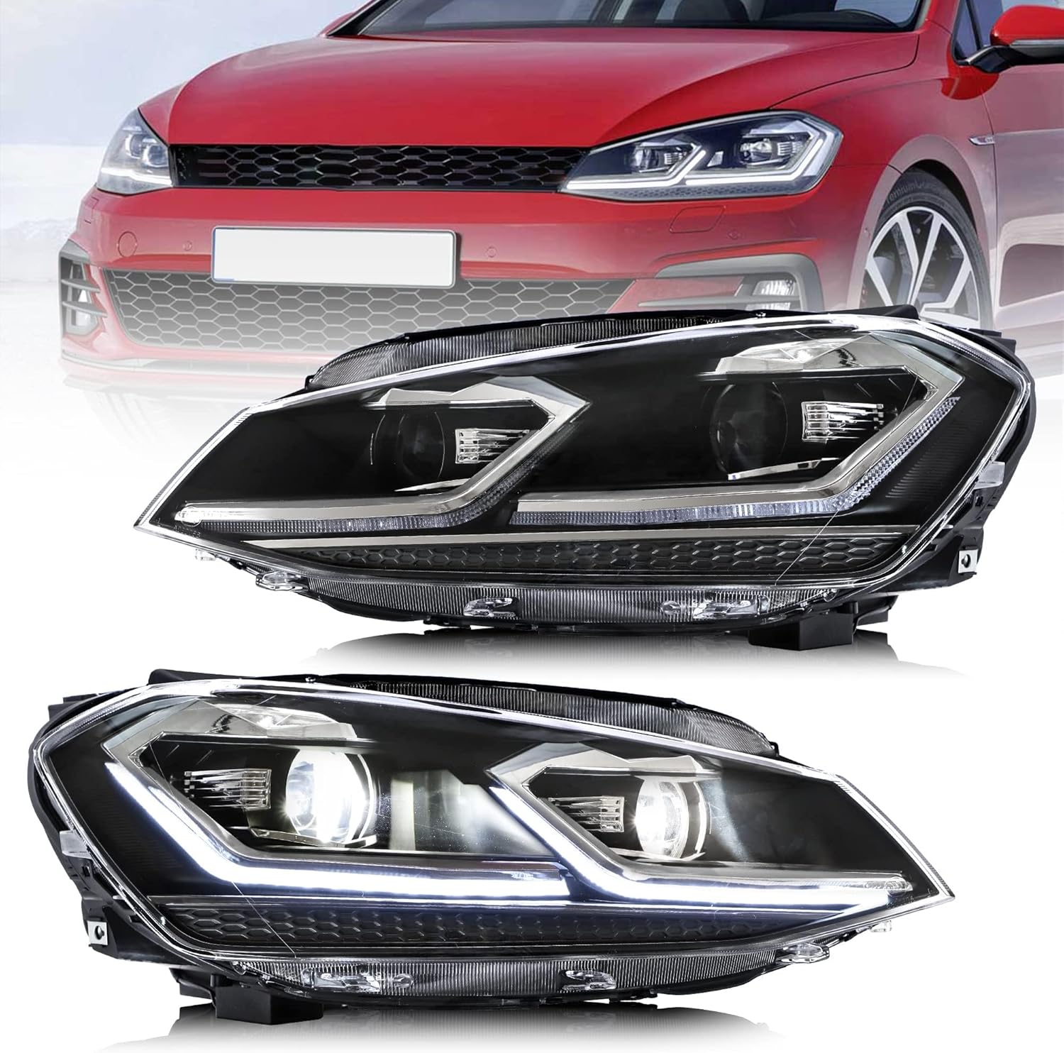 VLAND LED Headlights Compatible with Golf 7/ MK7 2012-2017(Not For GTI/R/Xenon Models) w/Silver Lines w/Sequential Turn Signal, D2H Xenon Bulbs(Not included) with Decoder for Projector