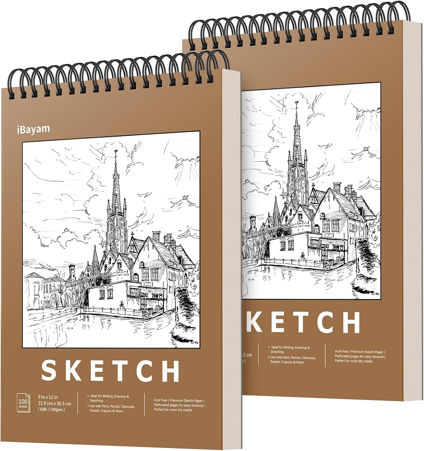 iBayam 9" x 12" Premium Sketch Book Set, 2-Pack Spiral Bound Drawing Paper, 200 Sheets (68lb/100gsm) Sketchbook, Acid-Free Art Drawing Painting Sketching Pad Supplies for Kids, Teens, Adults, Artists