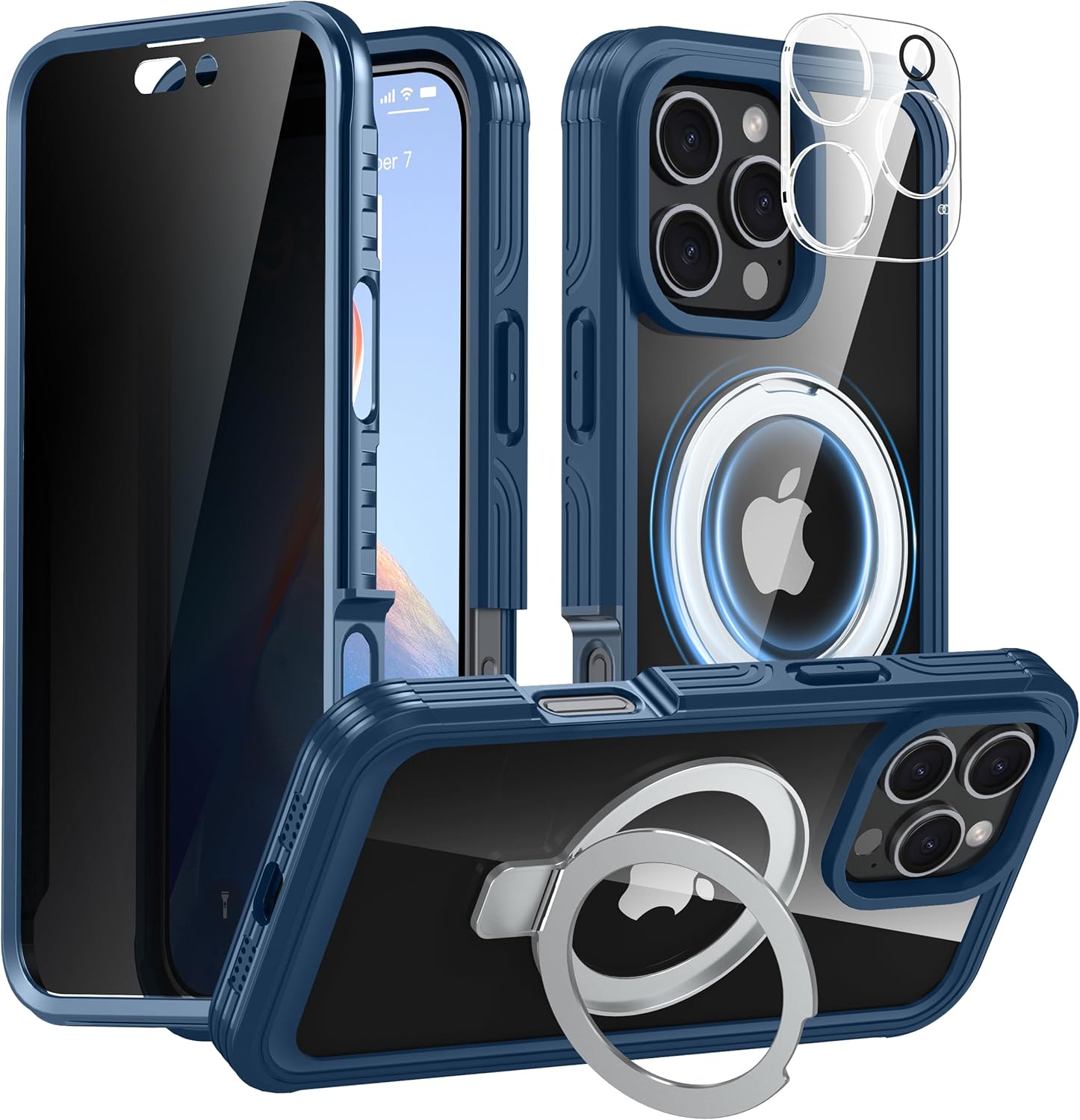 Oterkin 360° Protection Magnetic for iPhone 16 Pro Case Built-in 9H Privacy Screen Protector & Metal Stand[Fit for Magsafe][Lens Protector] Heavy Duty Shockproof Phone Case for iPhone 16 Pro, Navy