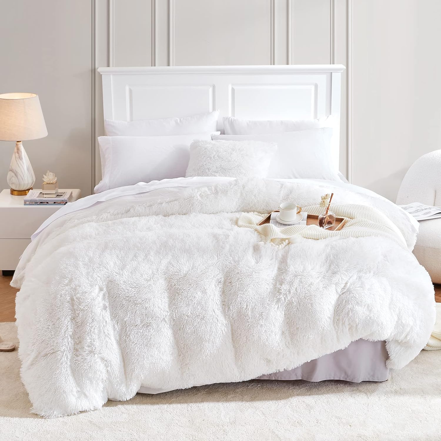 EHEYCIAG Faux Fur Duvet Cover, Ultra Soft Shaggy Fluffy Comforter Cover with Luxury Velvet on Reverse Zipper Closure 1PC (1 Duvet Cover, White, King)
