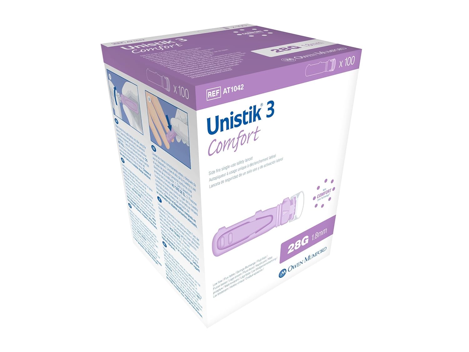Unistik 3 AUAT1042 Single Use Safety Lancet, Comfort, 1.8mm Depth, Pack of 100
