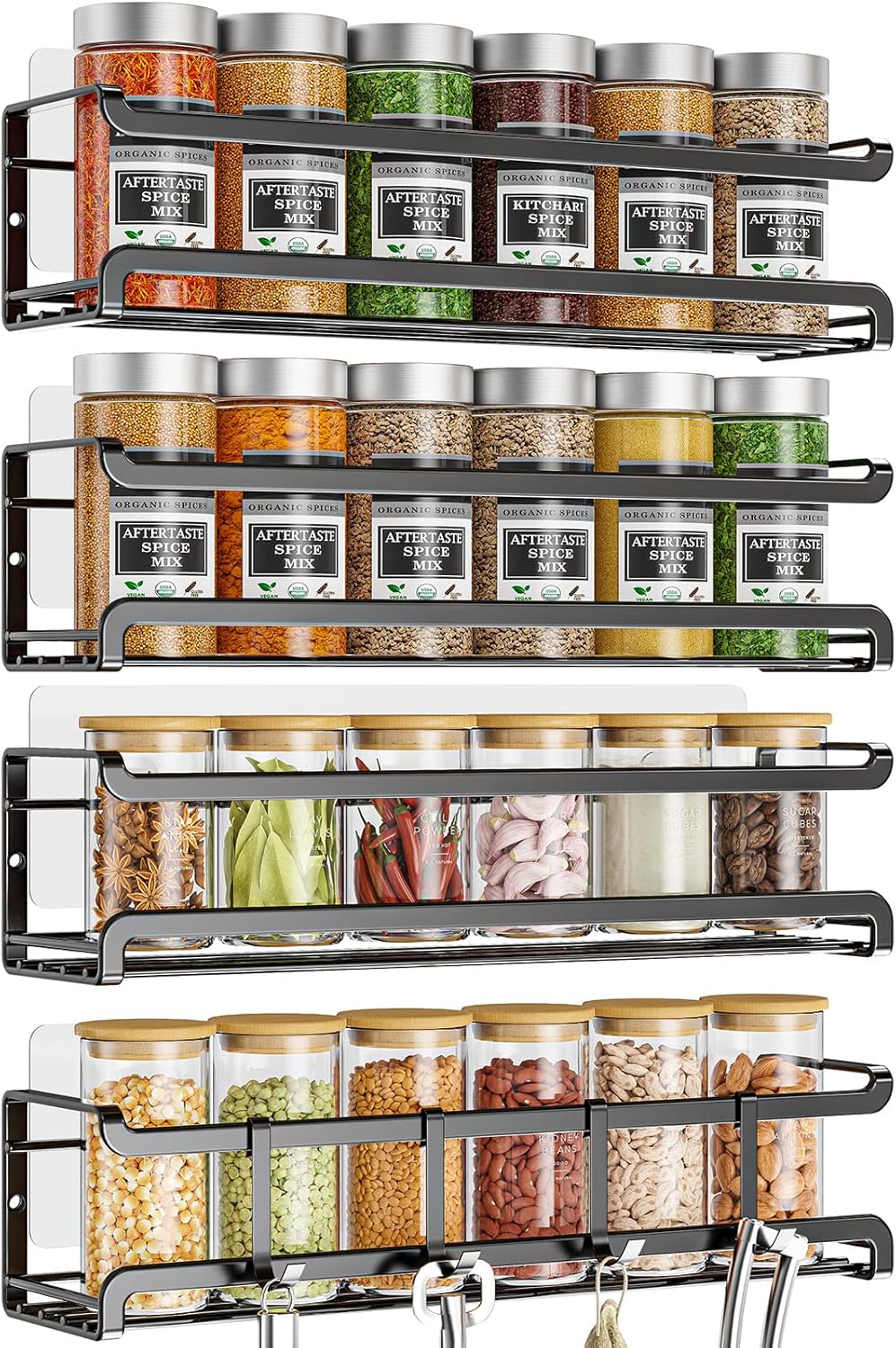 Bunoxea Spice Rack Wall Mounted 4 Pack,Space-Saving Spice Organizer for Spice Jars and Seasonings,Screw or Adhesive Hanging Spice Rack Organizer for Your Kitchen Cabinet,Pantry Door,11.41x2.75x2.75in