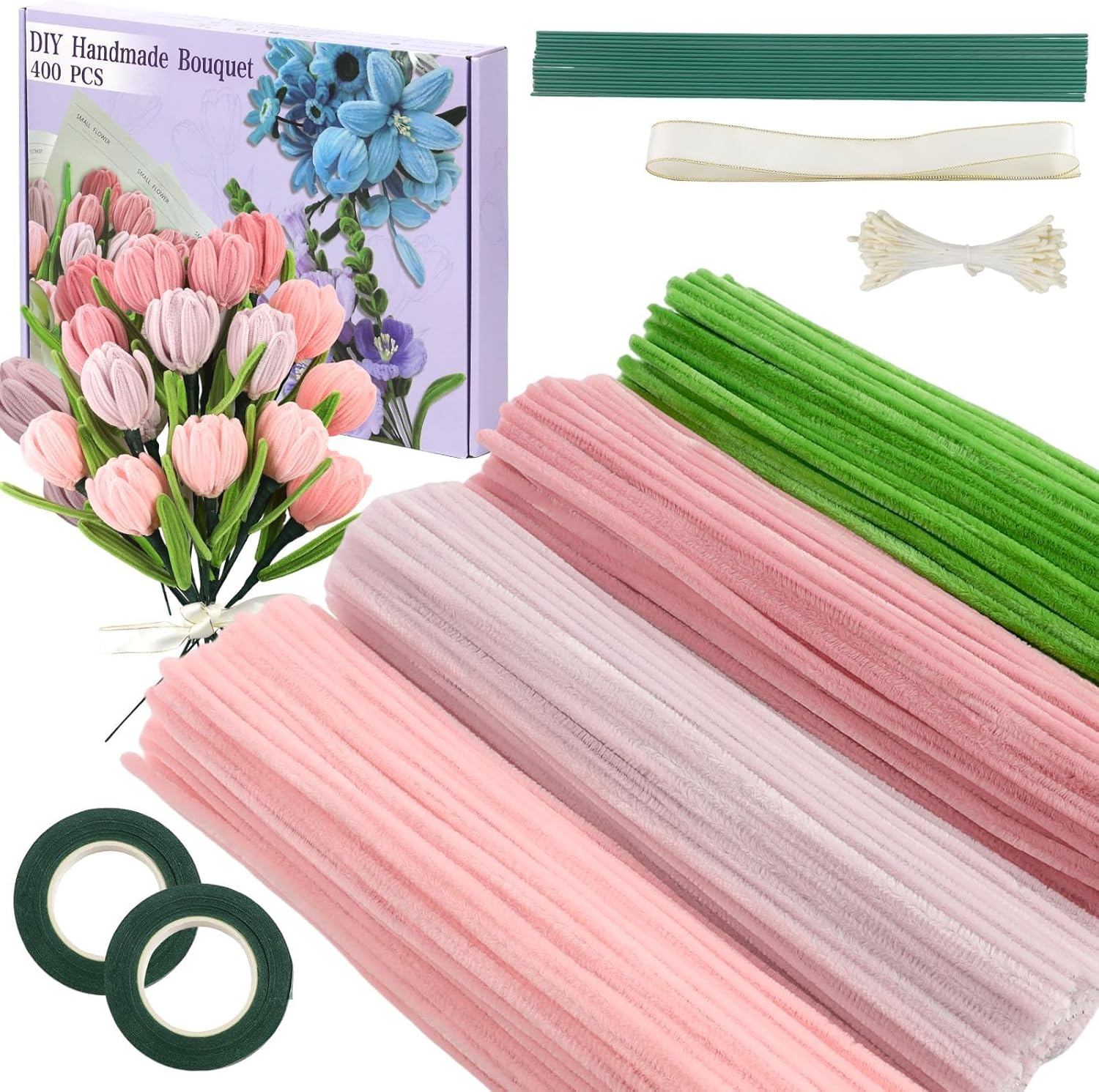400pcs Pipe Cleaners for Craft Flowers, Pipe Cleaners for Tulip Bouquet, Fuzzy Sticks Craft Supplies for Flower DIY Craft Kit Gift, Chenille Stems Arts & Crafts with Tutorial (Pink)