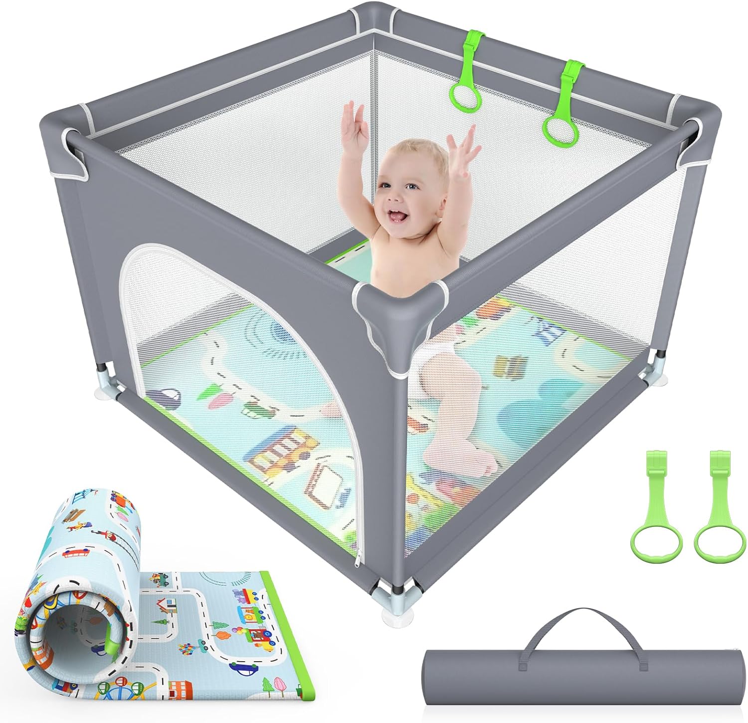 Vancle Baby Playpen with Mat 90cm x 90cm, Grey, For Kids Safety Play Yard, Indoor & Outdoor, Activity Center