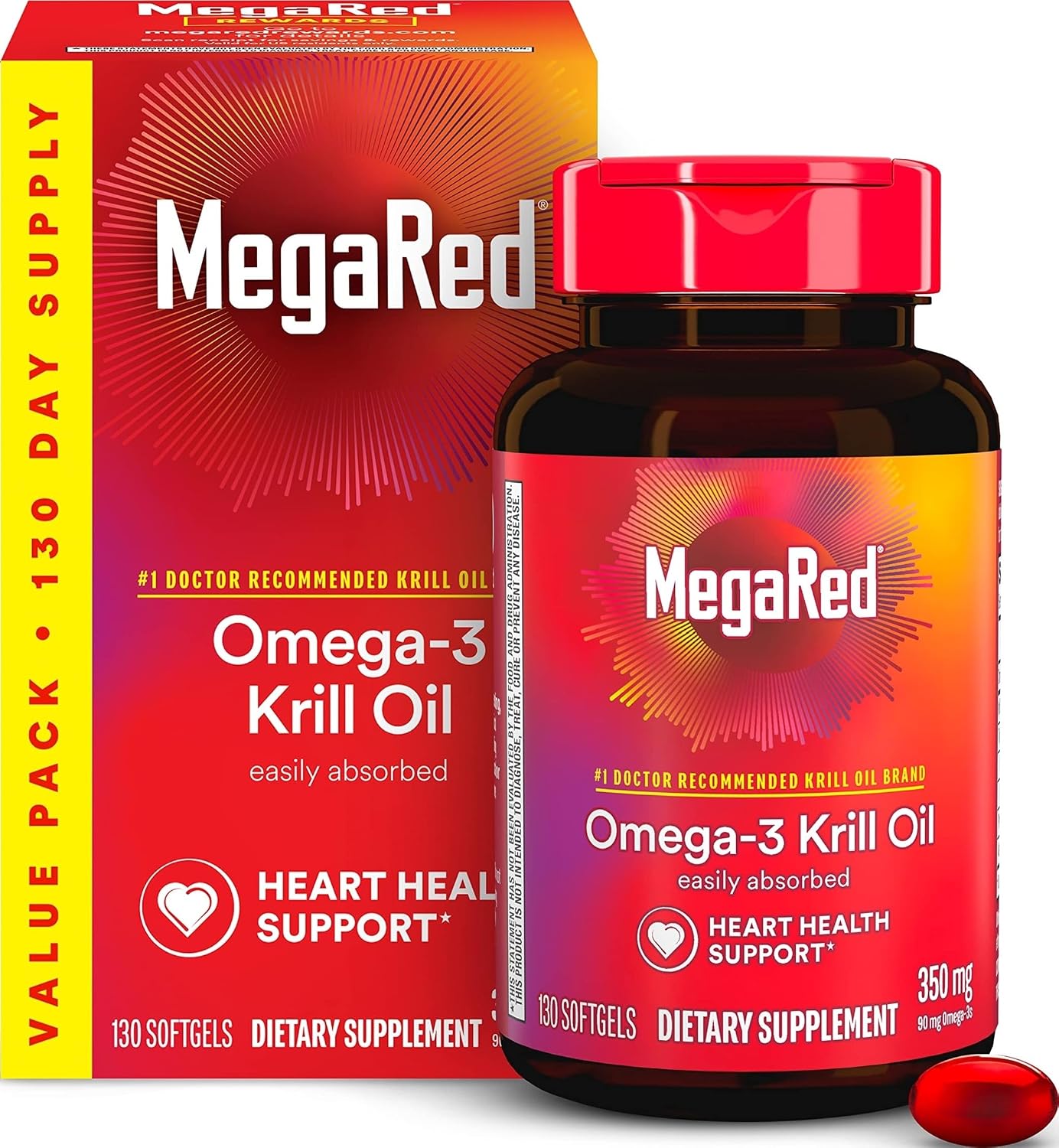 MegaRed - Omega-3 Krill Oil 350mg Softgels (130 Count in A Bottle), EPA & DHA Omega-3 Fatty Acids with No Fishy Aftertaste Unlike Fish Oil, Contains Antioxidant Astaxanthin