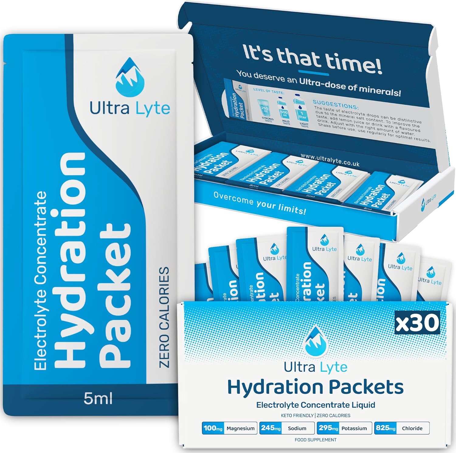 Ultra Lyte Hydration Packets - Sugar Free Keto Daily Electrolytes Liquid Trace Minerals Magnesium Sodium Potassium Highly Concentrated Electrolyte Sachets (30 Sachets)