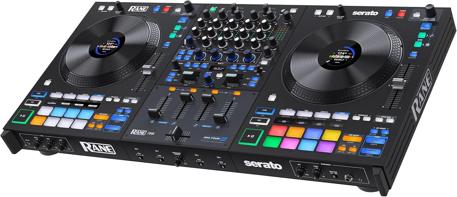 Rane FOUR Stems DJ Controller with 4 Decks, 8.5" Jog Wheels with Displays, Mixer with Internal FX, Serato DJ Pro and Pitch ‘n Time Included