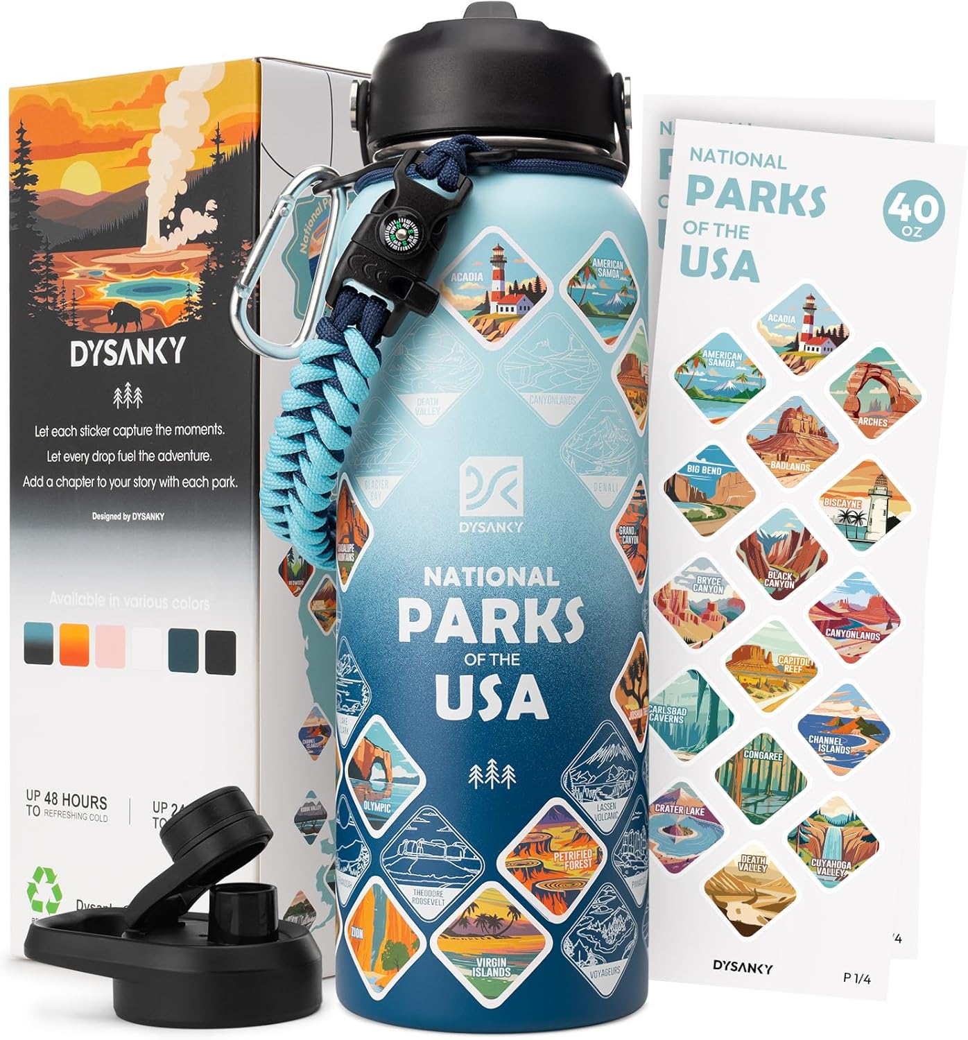 National Parks Water Bottle – 40 oz Insulated Stainless Steel Water Jug with 69 Park Stickers, Outdoor Accessories & Gift Box – BPA-Free – Ideal for Hiking, Camping & Travel