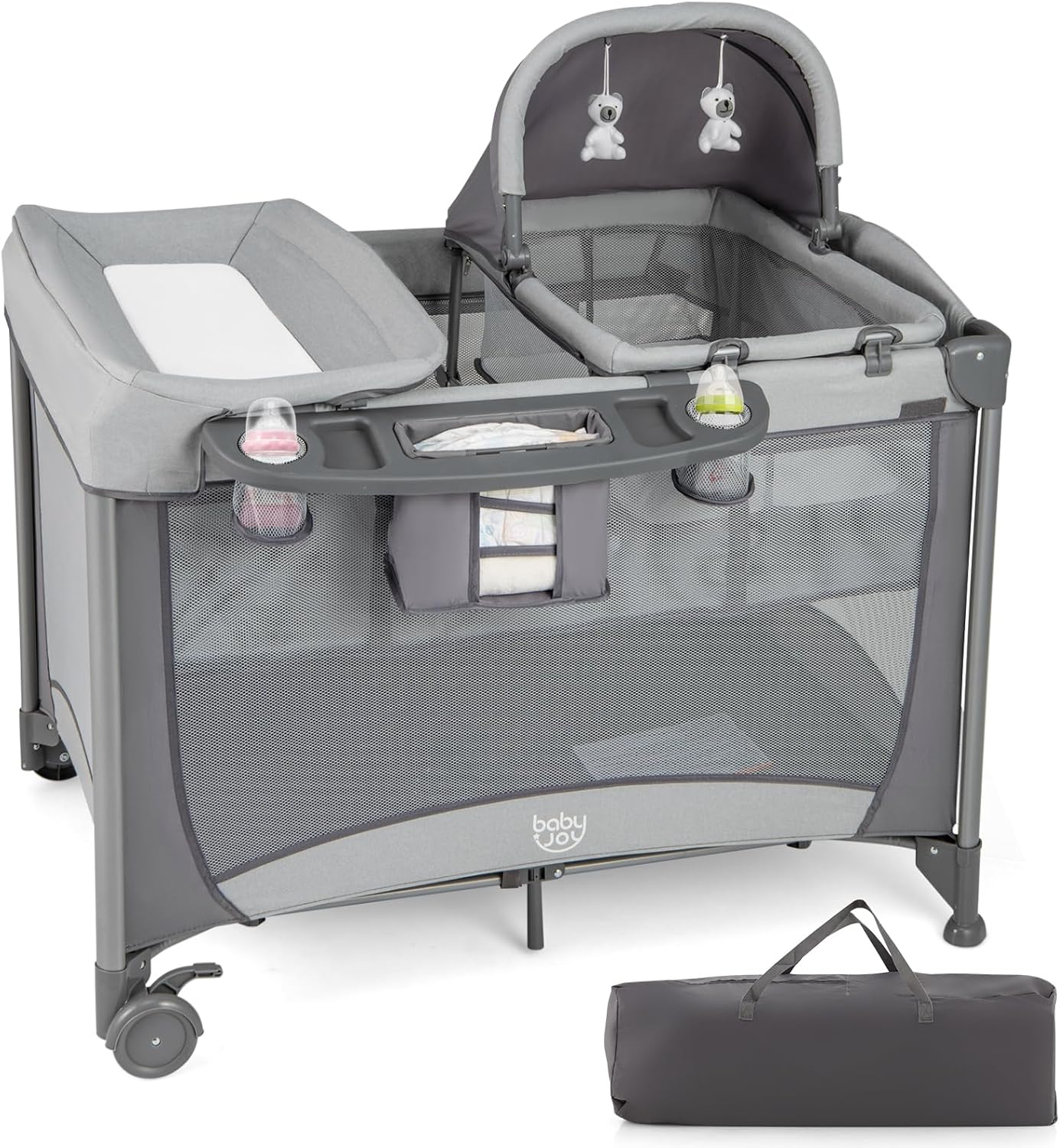 GYMAX Folding Travel Cot, 5 in 1 Portable Baby Bed Playard, Diaper Changer, Mattress, Hanging Toys, Storage Pockets & Carry Bag, Infant Bassinet Nursery Center for Newborn (Grey)