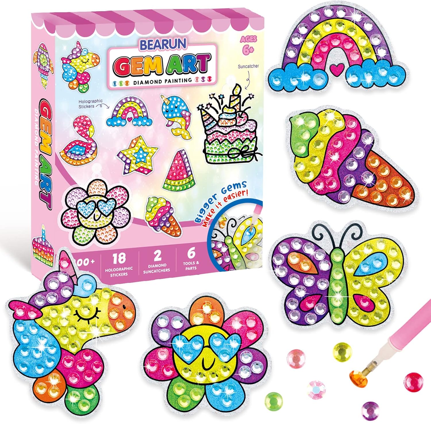 BEARUN Gem Art, Kids Diamond Painting Kit-Big 5D Gem, Arts and Crafts for Girls Ages 6-12, Create Your Own Magical Stickers and Suncatchers - Diamond Art Gift for Girls Ages 6, 7, 8, 9, 10-12, 6-8