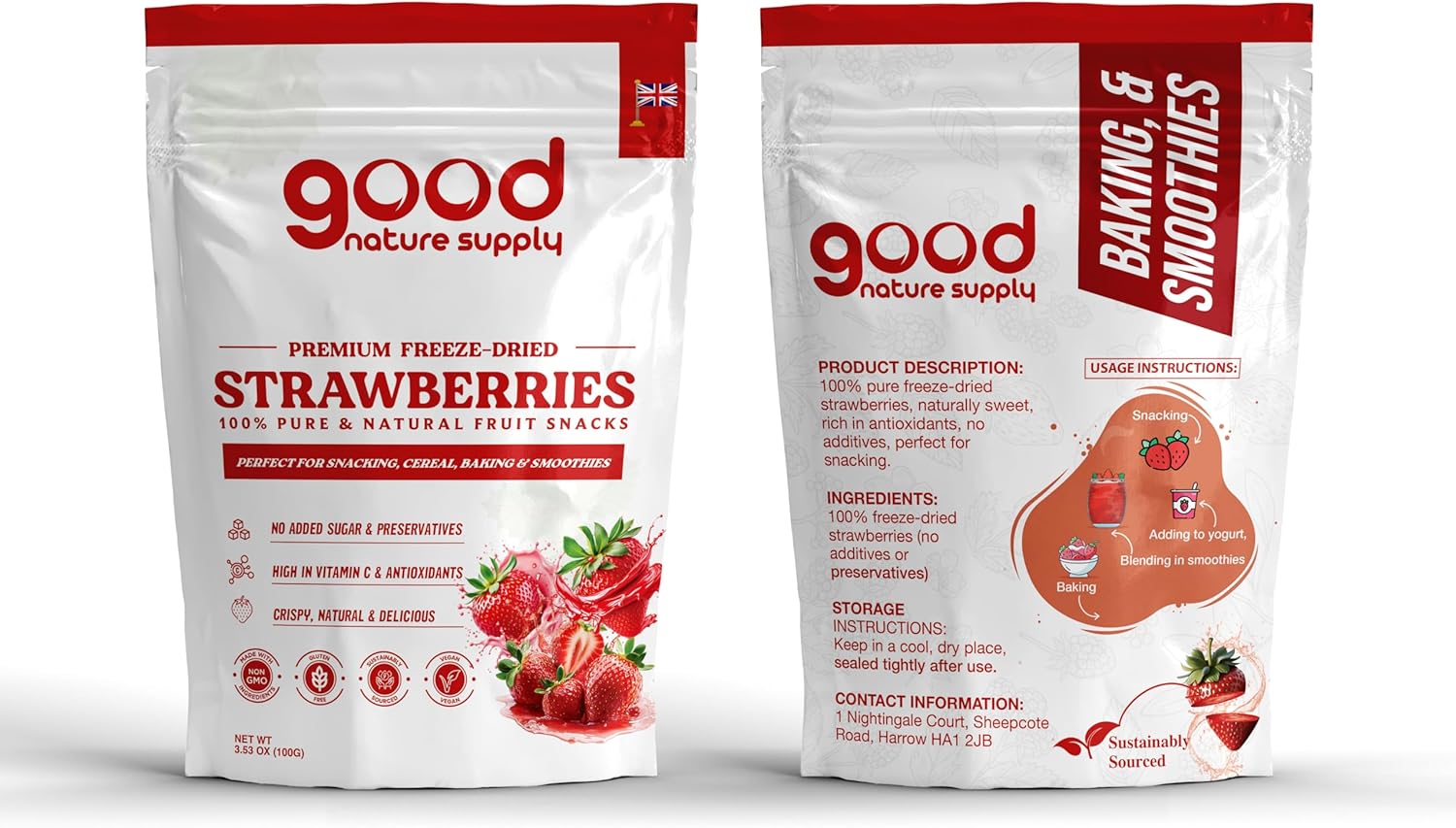 Healthy Snack – 100% Freeze Dried Strawberries, Fruit Snacks, Fruit & Vegetables | Perfect for Smoothies, Baking, Cereal | No Added Sugar | Good Nature Supply (50g)