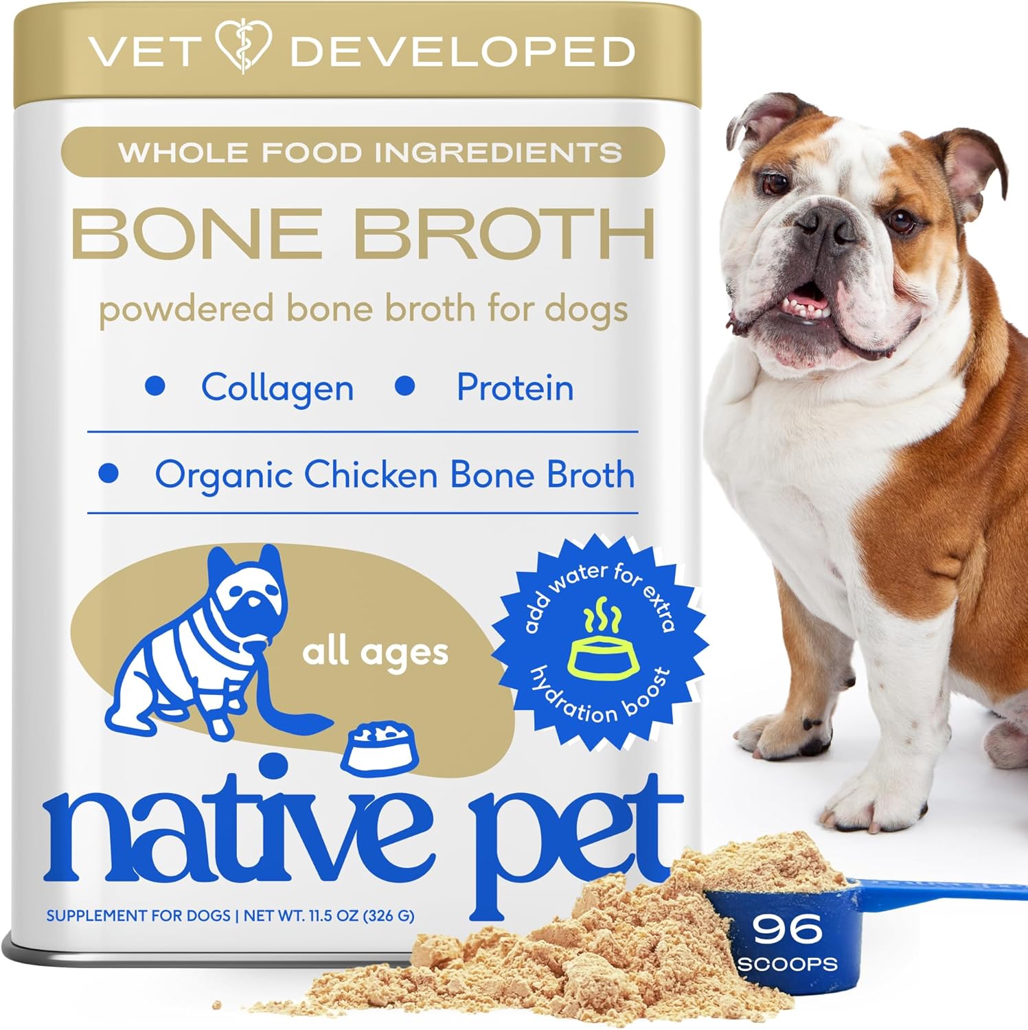 Native Pet Bone Broth for Dogs and Cats - Chicken Bone Broth Powder Dog Food Toppers for Picky Eaters - Provides Extra Nutrition for Joint Strength, Immune Support & Heart Health - 96 Scoops