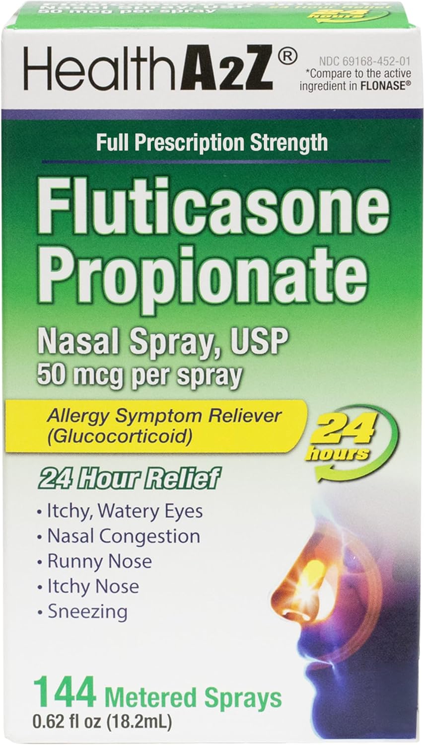 HealthA2Z® Fluticasone Propionate Nasal Spray | 50 mcg per Spray | 24 Hour Allergy Relief | 144 Sprays | 0.62 fl oz. (18.2mL) (0.62 fl oz. (Pack of 1))
