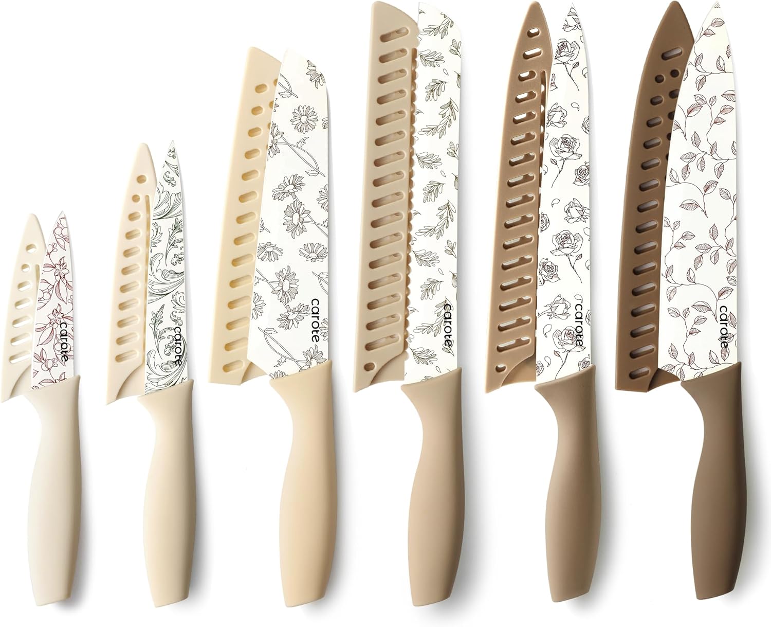 CAROTE 12PCS Knife Set, Kitchen Knife Set with 6 Blade Guards, Stainless Steel Knives Set With Nonstick Ceramic Coating, Rustproof, Delicate Floral Designs, White