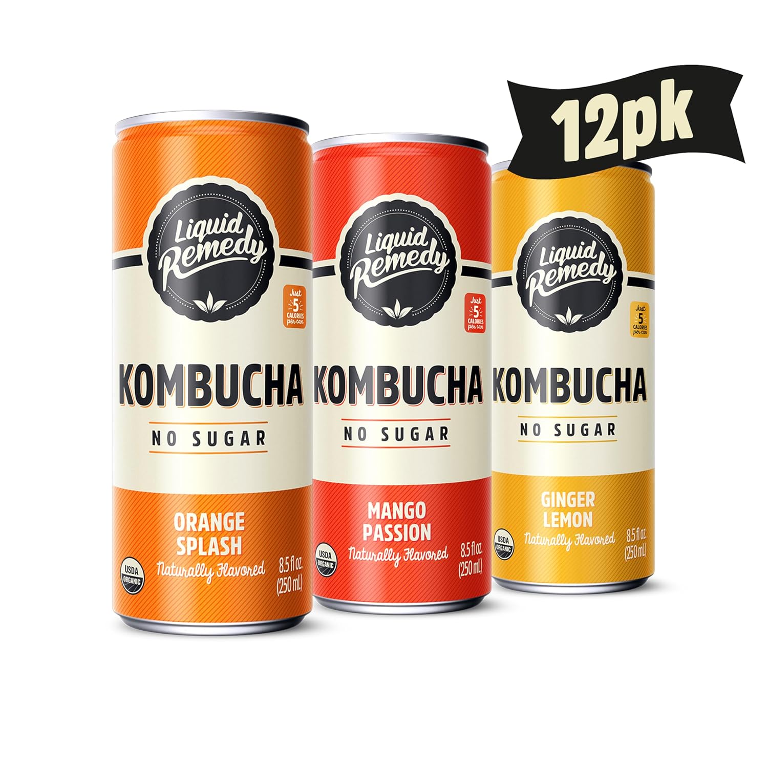 Liquid Remedy Kombucha Sugar Free Organic Drink, Low Calorie, Probiotic Like Tea for Gut Health - Tropical Trio Variety Pack - 8.5 Fl Oz Can, 12-Pack