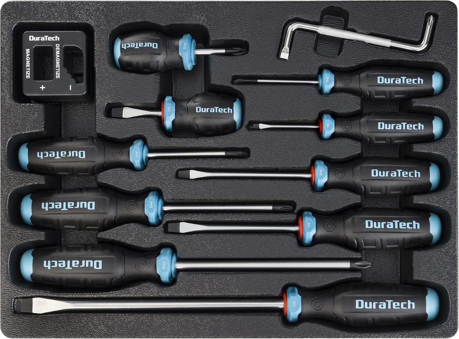 DURATECH 12-Piece Magnetic Screwdriver Set, 5 Phillips and 5 Slotted Tip S2 Alloy Steel Screwdriver Set, 1 pc Magnetizer Demagnetizer, 1 pc CR-V Offset Screwdriver, Storage Tray Included