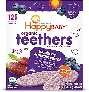 Happy Baby Organics Baby Snacks, Gentle Teething Wafers, Gluten Free & Vegan, Blueberry & Purple Carrot, 12 Count (Pack of 6)