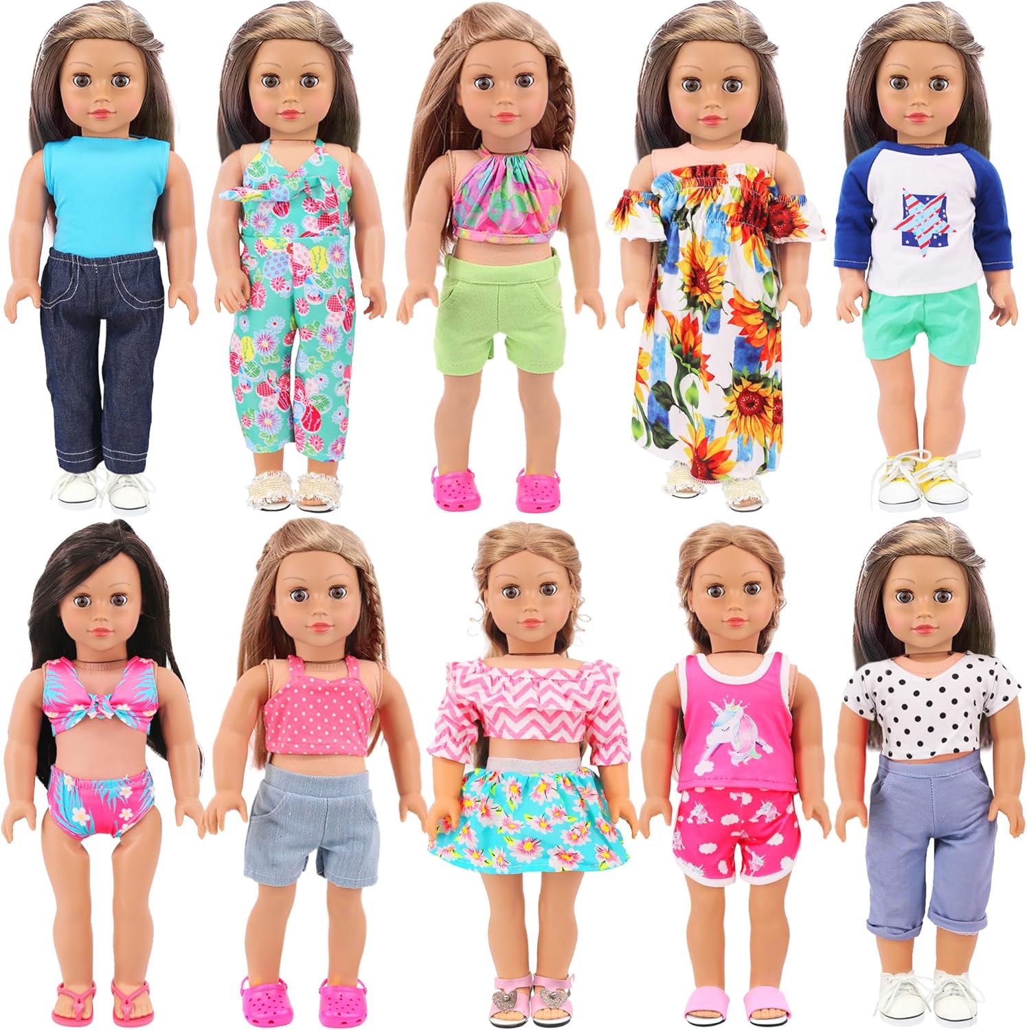 Ecore Fun 10 Sets American 18 Inch Doll Clothes - 18 pcs Doll Clothing Doll Outfits Dress Swimsuits Jumpsuit Tights for 18 Inch Dolls Christmas Birthday Gift