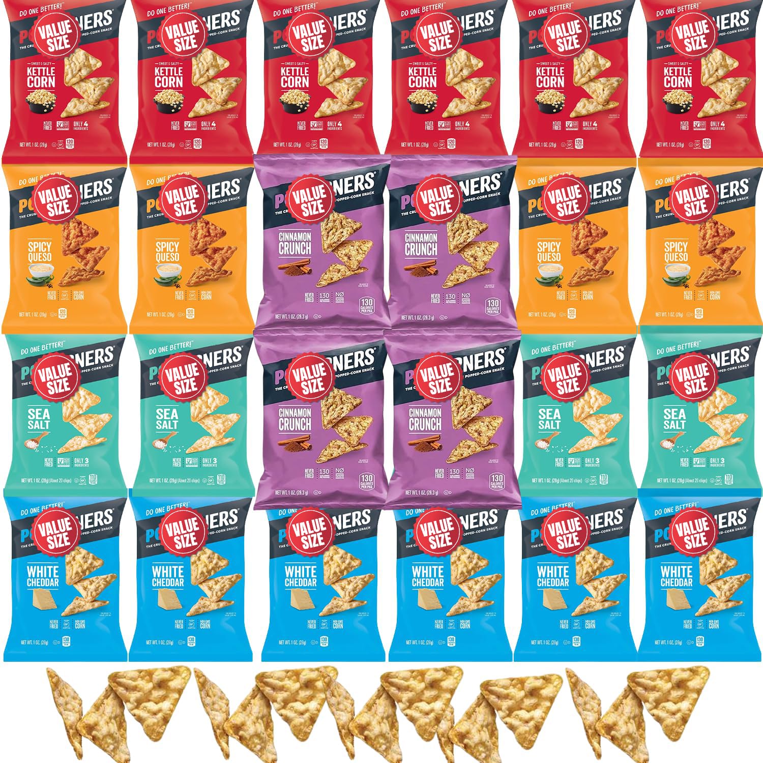 Pop-Cornners Snacks Gluten Free Chips, 5 Flavor Variety Pack 28 Count 1 oz Bags Packaged By Doomi, Individual Snack Bags in Sea Salt, White Cheddar, Sweet & Salty, Cinnamon Crunch and Spicy Queso Flavors - Low-Calorie Popcorn Chips for Snacking Care Packages Parties & More