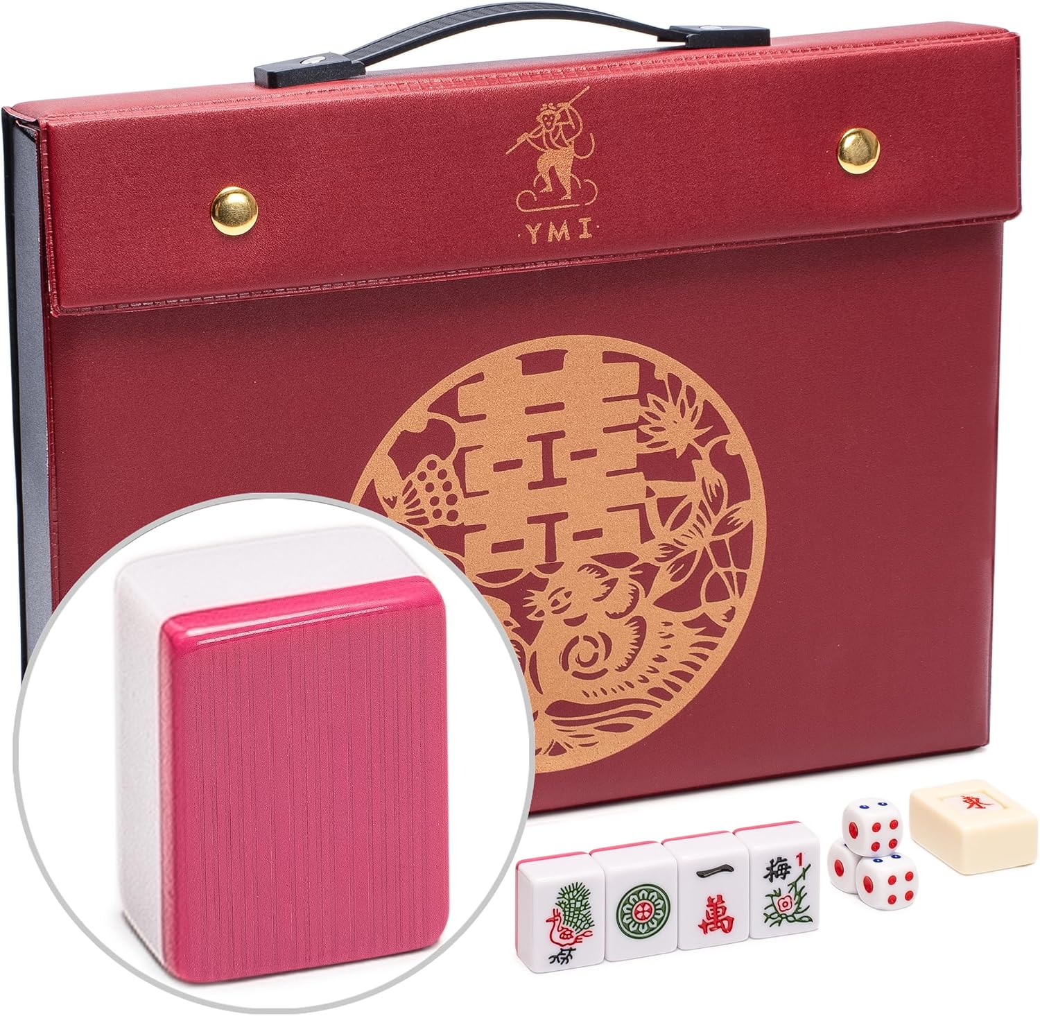 Yellow Mountain Imports Chinese Mahjong Set - “Rouge Harmony” - with 146 Medium Tiles, Red Vinyl Case, Wind Indicator and Dice - for Chinese Style Gameplay Only [胭红绽放 中式麻将]