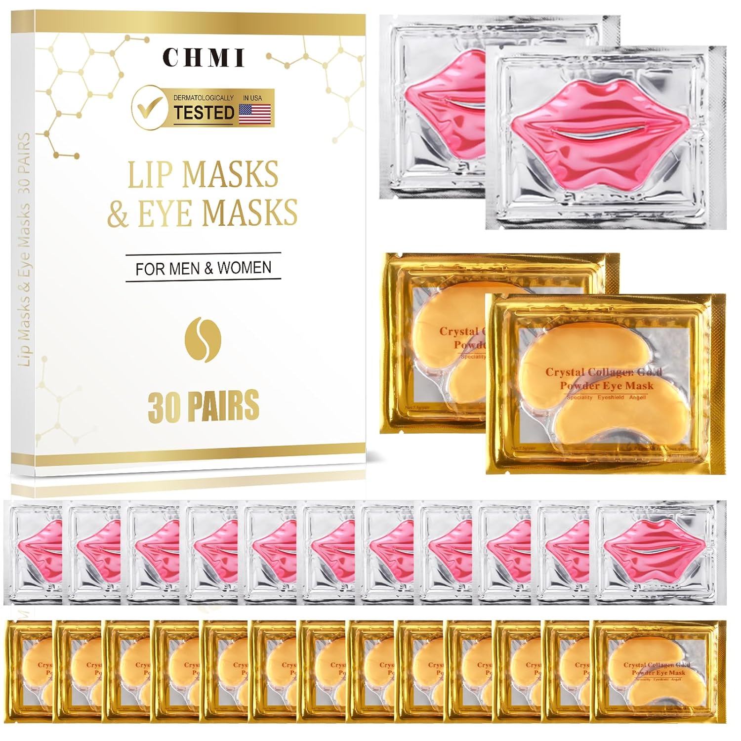 CHMI 30 Pairs Lip Masks & Eye Masks - 24K Gold Eye Patches for Puffy Eyes, Dark Circles, EyeBags and Wrinkles, Collagen Skin Care Products, Beauty & Personal Care.