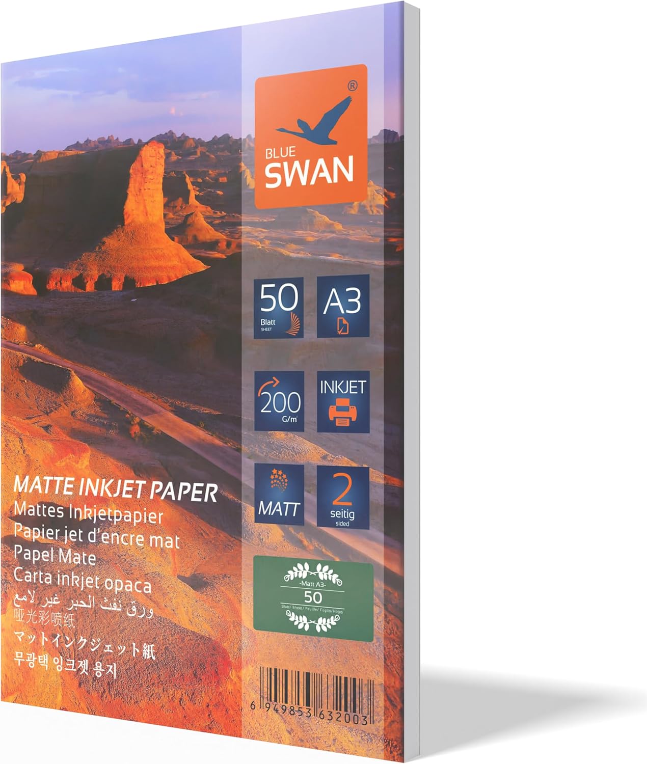 BLUE SWAN A3 Matte Photo Paper 200gsm, 50 Sheets – Double-Sided Matte Coating Inkjet Paper with Low Reflection, Quick-Dry, High Colour Brightness – Compatible with Canon HP Epson Brother Printers