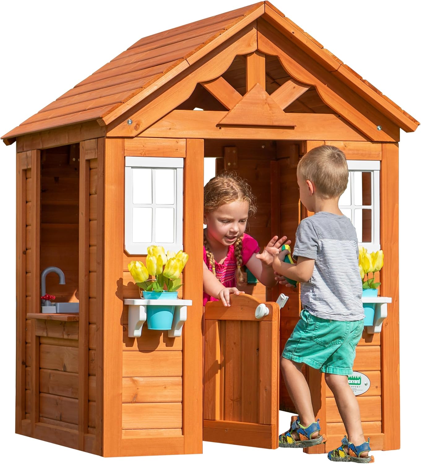 Backyard Discovery Timberlake Playhouse | Wooden House for Outdoor Play, With Fun Accessories, Kids Garden House, 100% Cedar Wood, Age 2+, Brown Colour