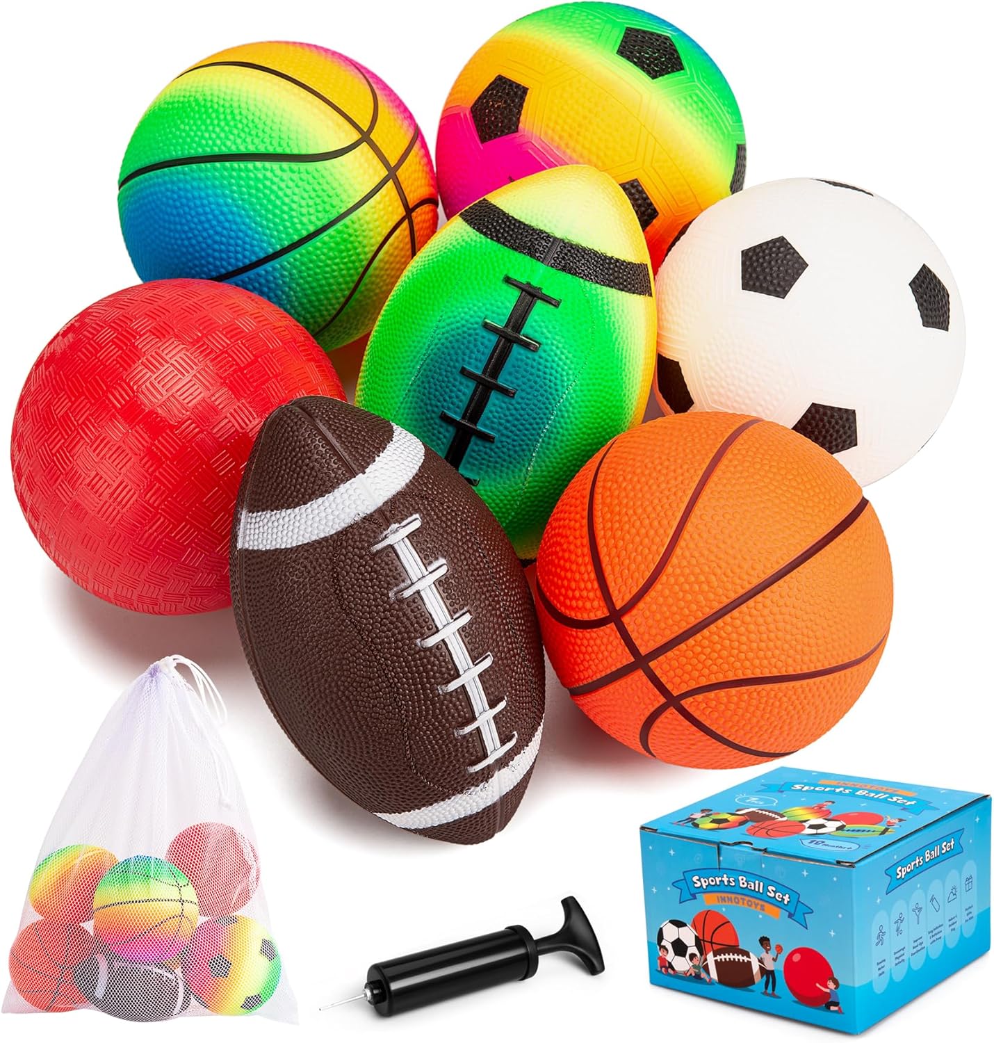 Balls for Toddlers Kids - 7 Pack 5" Small Playground Balls Stocking Stuffers Indoor Outdoor Toys Games - 2 Footballs, 2 Basketballs, 2 Soccer Balls 1 Kickball for Boys Girls