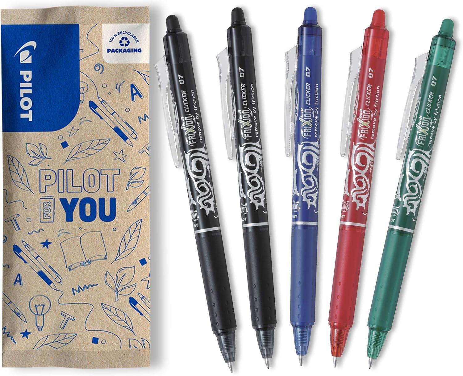 PILOT Frixion Erasable Retractable Rollerball 0.7 mm Tip- 2 Black, 1 Red,1 Green, 1 Blue, Pack of 5