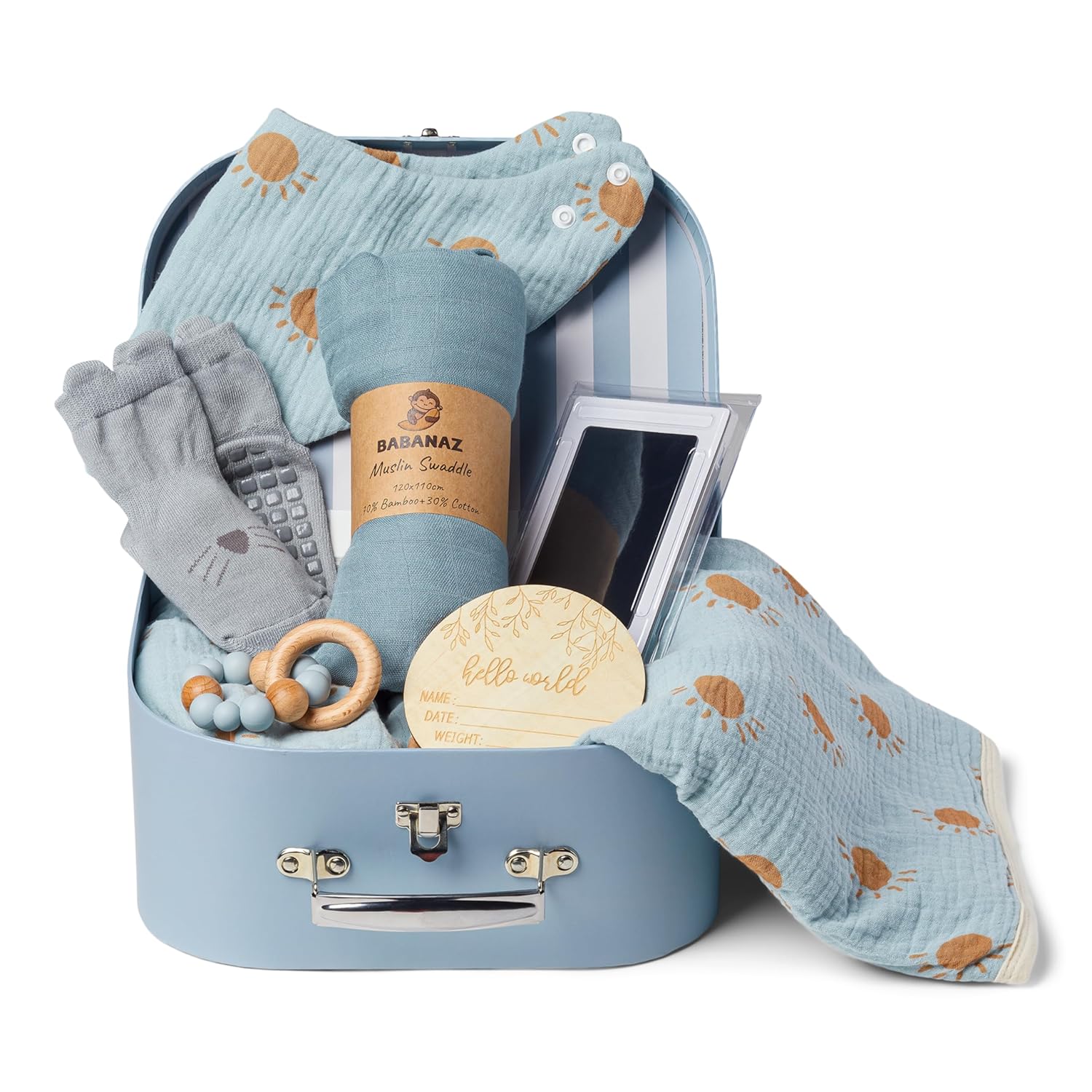 Baby Gift Set Boy - Newborn Shower Gift Basket with Large Minky Plush Blanket, Muslin Swaddle, Teether, Wooden Birth Record, Hand & Foot Print Kit, Nemo Socks, for Newborn Essentials Boys, Blue