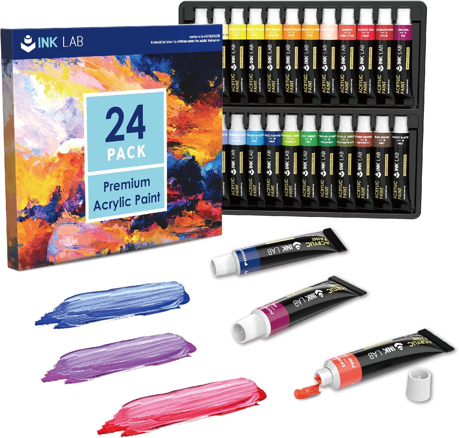 INK LAB Acrylic Paint Set 24 Tubes Non Toxic Acrylic Craft Paints for Artists Beginners Canvas Wood Painting, No Fading & Rich Pigment, 12ml/Tube