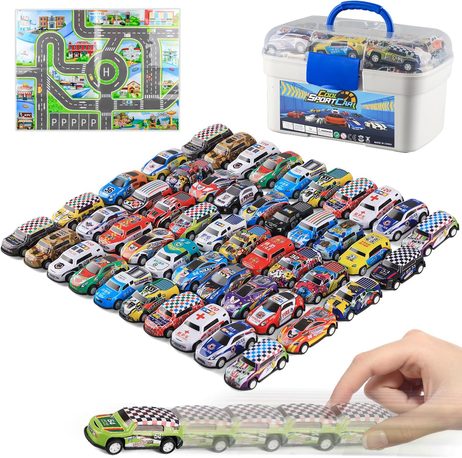 Mostop Pull Back Mini Car Set - 50 Piece Assorted Race Cars, Friction Powered, City Rescue Toys for Toddlers 3 4 5 6 Years Boys Girls