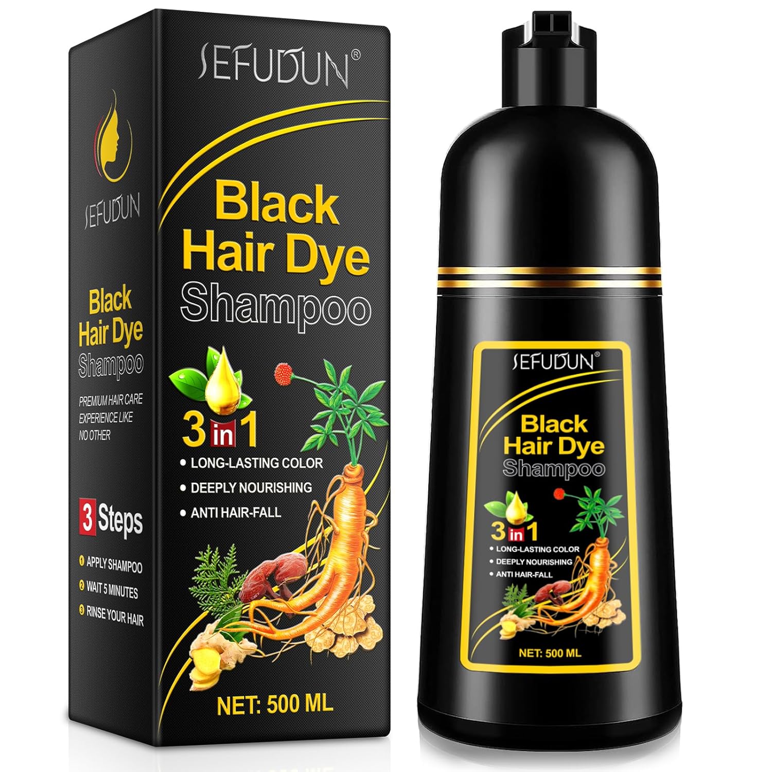 Black Hair Dye Shampoo 3 in 1 for Gray Hair, Herbal Instant Color Hair Color Shampoo for Women Men Grey Hair Coverage, Champu Para Canas pintar el pelo 500ml