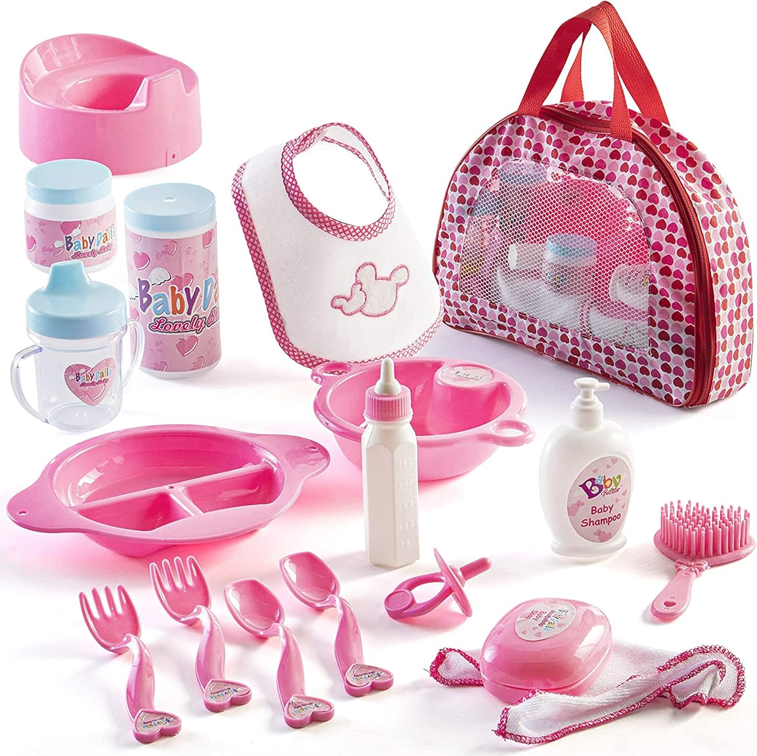 Prextex 18-Piece Baby Doll Accessories Set with Carrying Case - Ideal for Playtime - Baby Doll Accessories and Doll Accessories - Includes Bottles, Bibs, Brush, and More for Pretend Play Fun