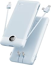 VRURC Portable Charger Built-in Cables and AC Wall Plug, USB C Power Bank 10000mAh, [2023 Upgraded Version] Phone Charger Compact Lightweight External Battery Pack for Smart Phones, Tablets etc-Blue