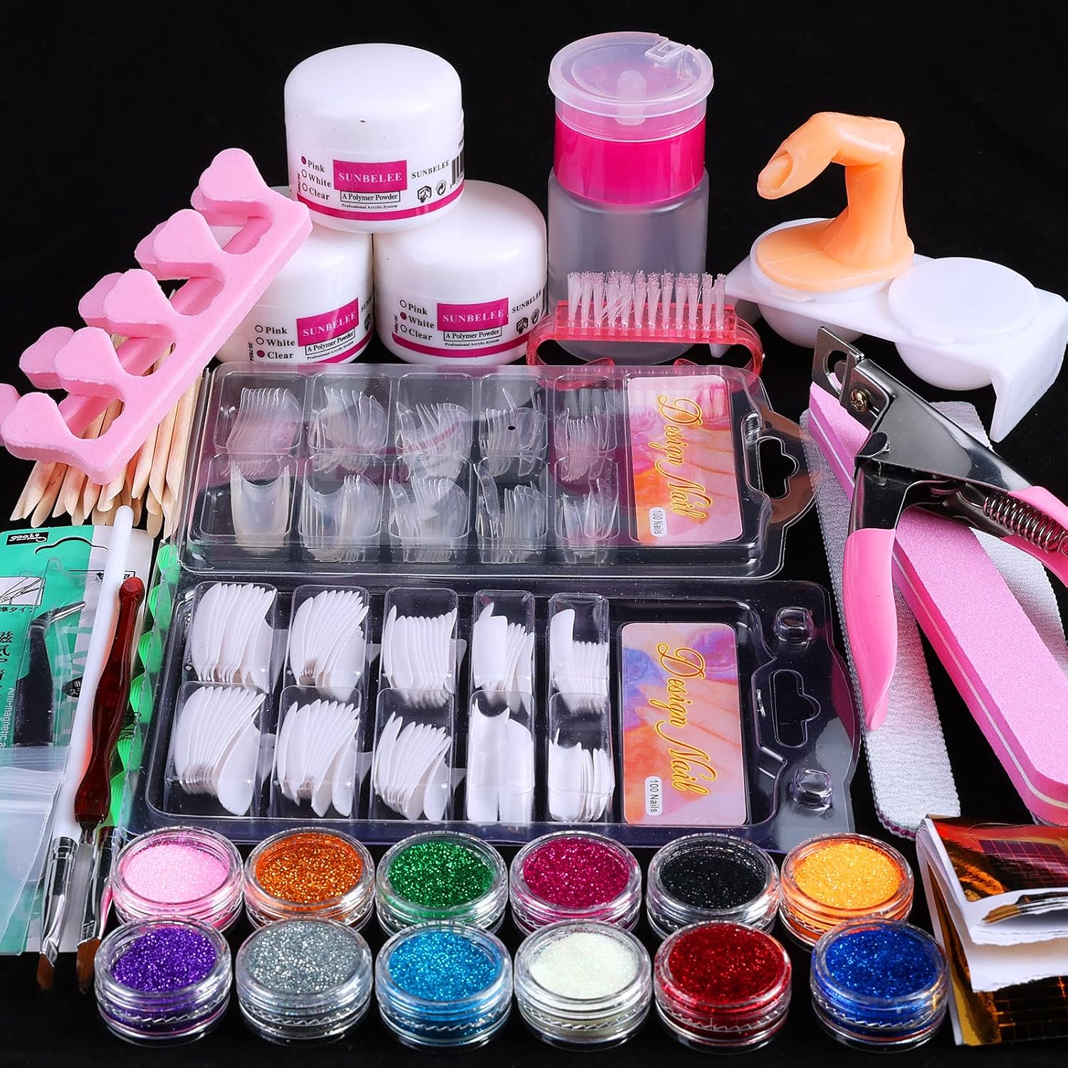 Nail Kit Set Professional Acrylic with Everything, 12 Glitter Acrylic Powder Kit Nails Art Tips Decoration, DIY Nail Art Tool and Supplies for Beginners