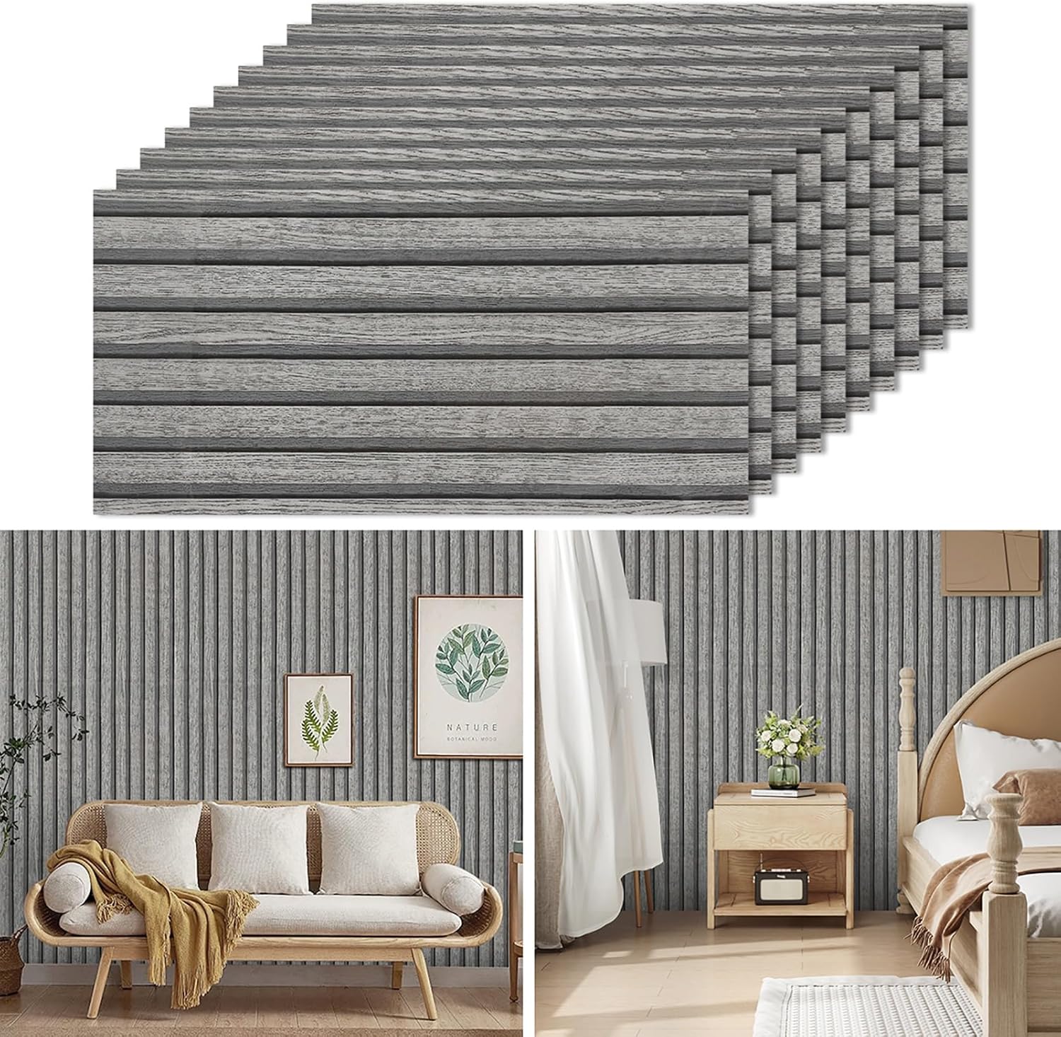Tarwanear Self Adhesive Tiles Stickers 60 x 30cm 10PCS Wood Slat Effect Wall Tiles Bathroom Waterproof Peel and Stick Wall Moulding Panels PET Stick on Tile for Home Decor,Grey
