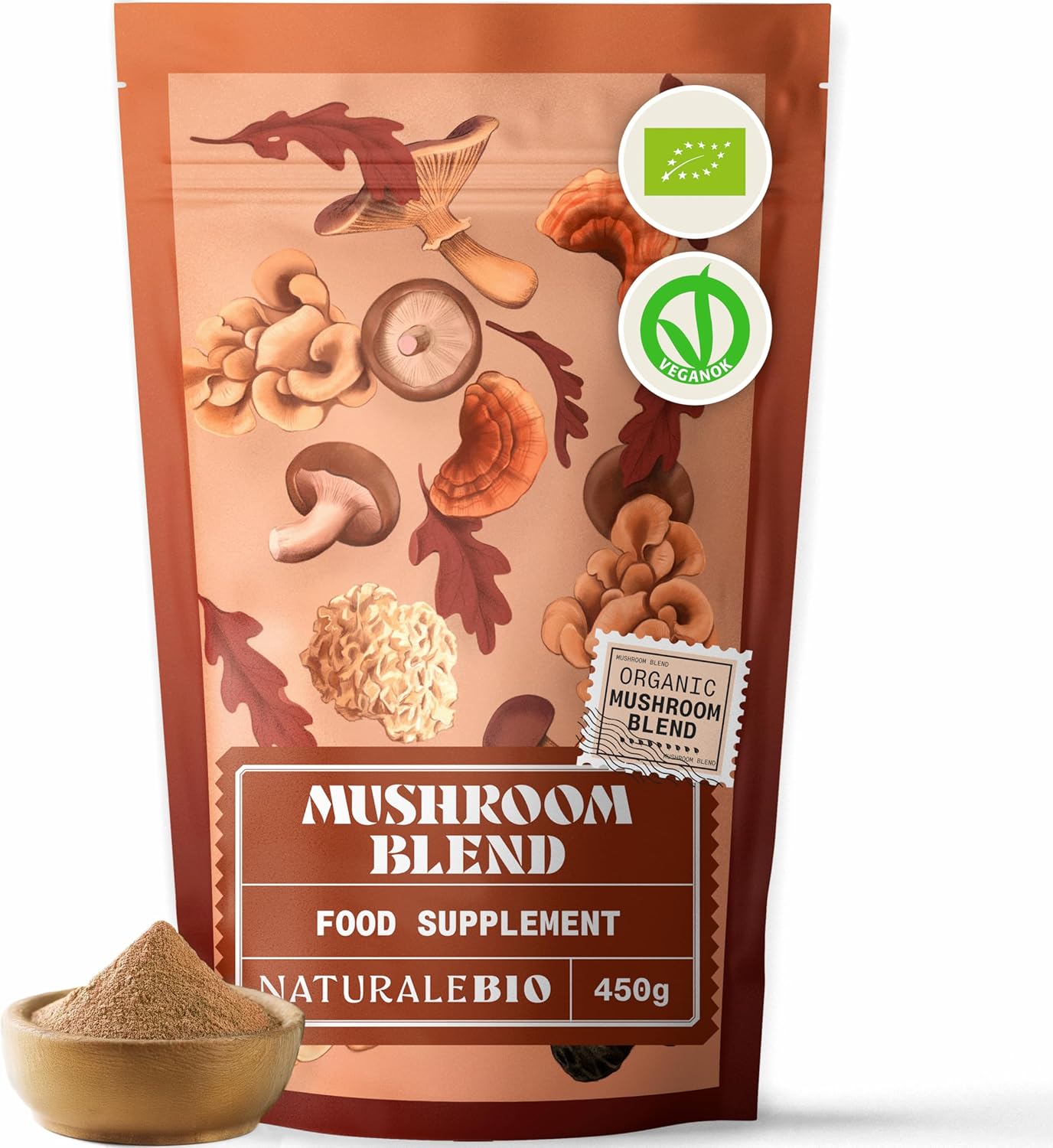 NaturaleBio Organic Mushroom Powder 450g. 7in1 Mushroom Blend with Reishi, Lions Mane, Chaga, Maitake, Cordyceps, Shiitake & Tremella. Non-GMO. Boosts Energy & Supports Cognitive Function