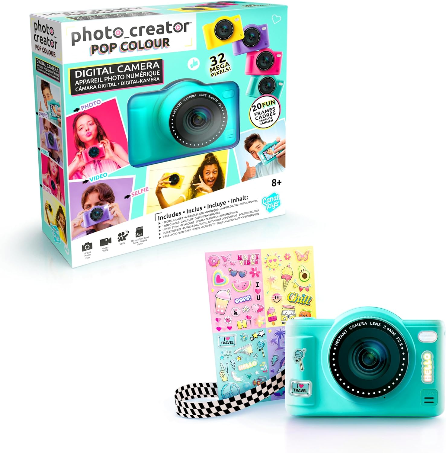 Photo Creator Pop Colour Digital Camera Green, 32-megapixel resolution, large 2.4" screen, compact with flash, selfie lens, 8gb micro SD card included, kids cam 8+,