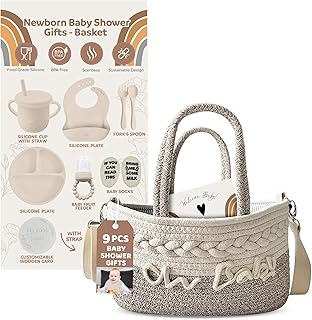 Kiddibodi® Baby Shower Gifts - Basket for Newborn - Gender Neutral Baby Gift Set - Baby Gift Basket - Silicone Baby Feeding Set with Suction Plate, Bib, Spoon, Sippy Cup, Pacifier Feeder - Rope Basket